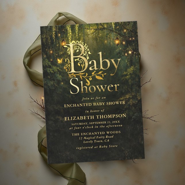 Märchenwald Laternen Baby Shower Einladung (enchanted forest baby shower storybook fairytale golden lanterns butterflies magical fairy woodland)
