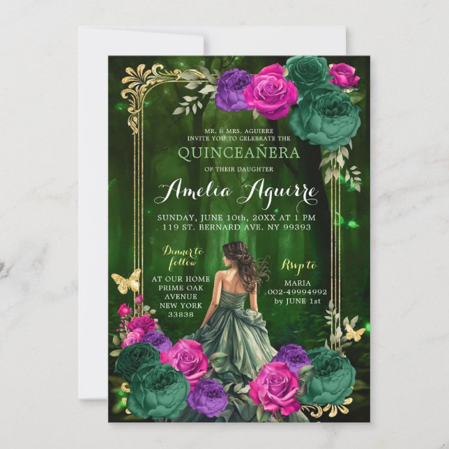 Märchenwald Lilac Green Quinceñera Einladung (Vorderseite)