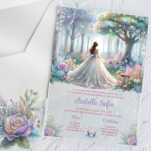 Märchenwald Quinceañera Acryleinladungen (Enchanted forest acrylic Quinceanera invitation. Beautiful pastel colors. Simply add your details.)
