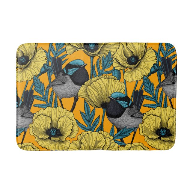 Märchenwren und Mohn in Gelb Badematte (Vorderseite)