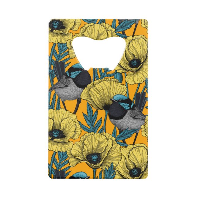 Märchenwren und Mohn in Gelb Geldbeutel Flaschenöffner (Vorderseite)