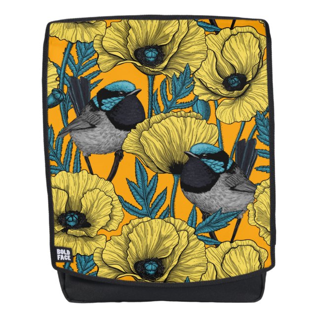 Märchenwren und Mohn in Gelb Rucksack (Vorderseite)