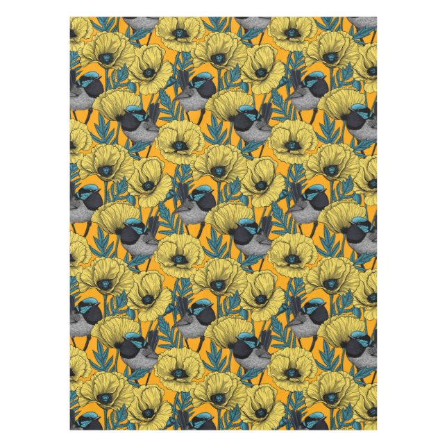 Märchenwren und Mohn in Gelb Tischdecke (Vorderseite)