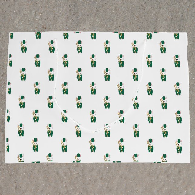 Marching Band Bunny Trombone Green Gold Pattern Große Geschenktüte (A gift bag with a pattern of rabbits holding a trombone in a green & gold marching band uniform.)
