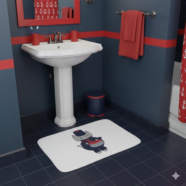 Marching Band Cat Drummer Navy Blue Red Badematte (A bath mat featuring a cat playing the drums in a navy blue & red marching band uniform.)