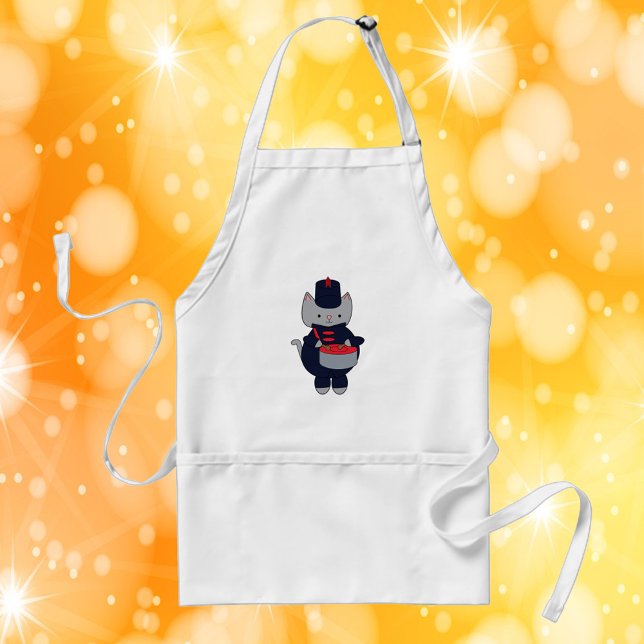 Marching Band Cat Drummer Navy Blue Red Schürze (An apron with a gray cat playing the drums in a navy blue & red marching band uniform.)
