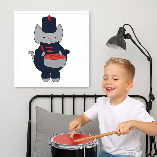 Marching Band Cat Snare Drum Red Navy Blue Poster (A poster featuring a cute gray cat playing the drums in a navy blue & red marching band uniform.)