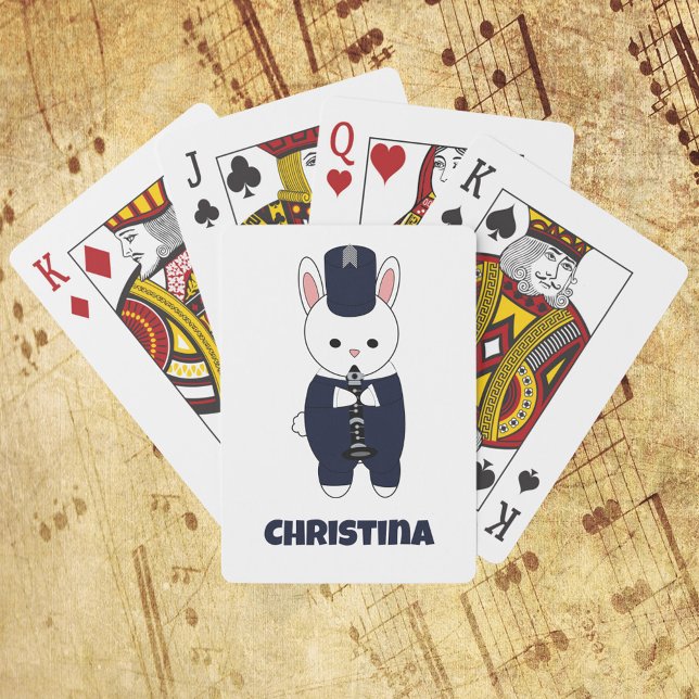 Marching Band Clarinet Rabbit Blue Personalize Spielkarten (Playing cards with a rabbit playing clarinet in a navy blue and white marching band uniform.)