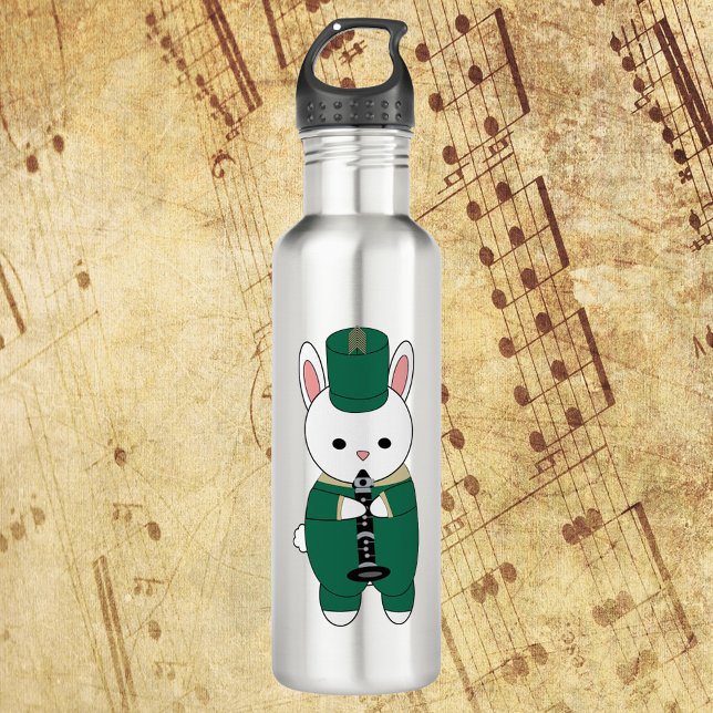 Marching Band Clarinet Rabbit Green Gold Edelstahlflasche (A water bottle with a rabbit playing clarinet wearing a green & gold marching band uniform.)