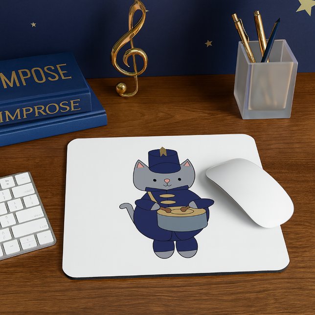 Marching Band Drummer Gray Cat Navy Blue Gold Mousepad (A mouse pad with a snare playing cat in a navy blue & gold marching band uniform.)