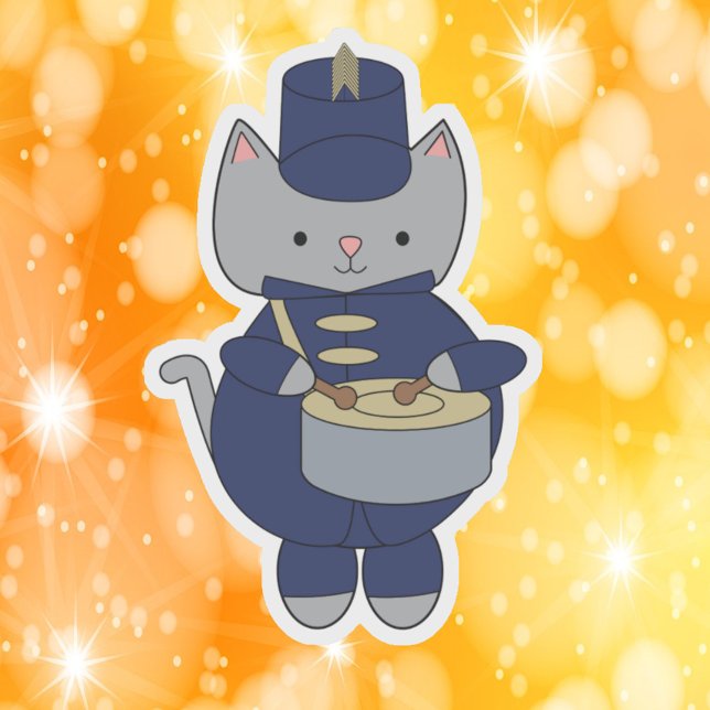 Marching Band Gray Cat Drum Navy Blue Gold Aufkleber (A die cut sticker of a cat playing a snare drum in a navy blue & gold marching band uniform.)