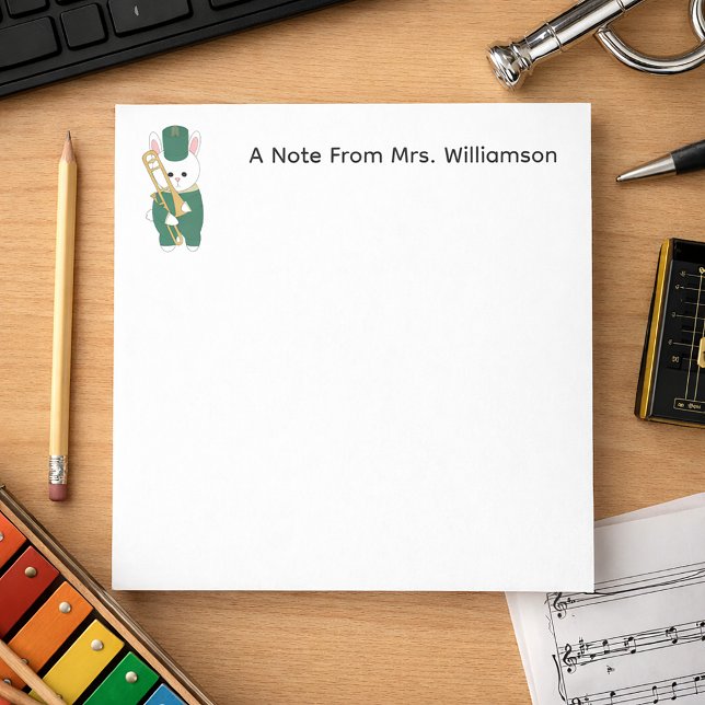 Marching Band Hase Posaune Grün Personalisieren Notizblock (A notepad with customizable text and a cute rabbit with a trombone.)