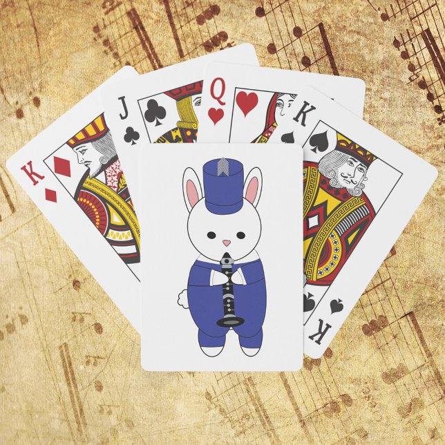 Marching Band Klarinette Rabbit Blau Weiß Spielkarten (A deck of playing cards featuring a rabbit playing the clarinet in a blue & white marching uniform)
