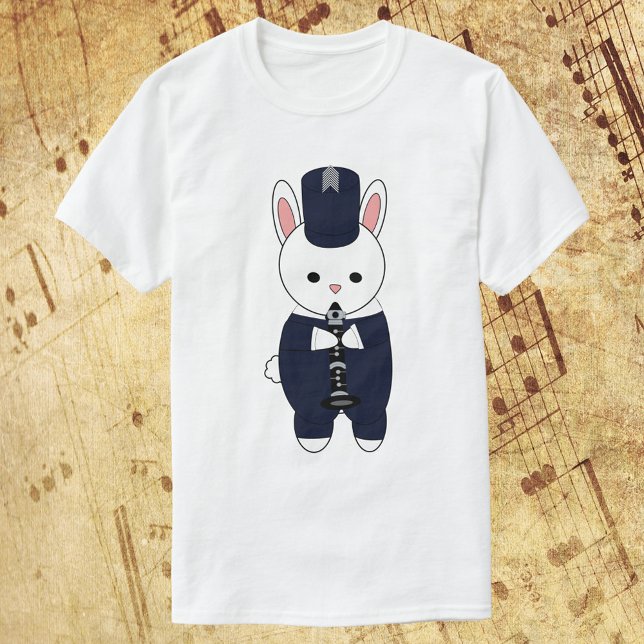 Marching Band Klarinette Rabbit Navy White T-Shirt (A tshirt featuring a white rabbit playing the clarinet in a navy blue & white marching band uniform.)