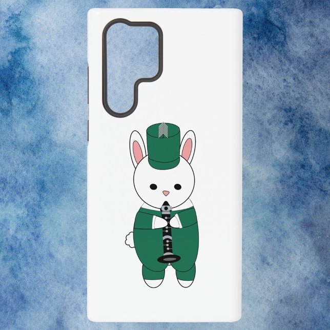 Marching Band Rabbit Klarinette Grün Weiß Samsung Galaxy Hülle (A phone case with a white rabbit playing the clarinet.)