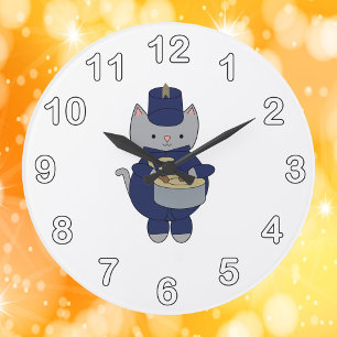 Marching Band-Trommler Katze Navy Blau Gold Große Wanduhr