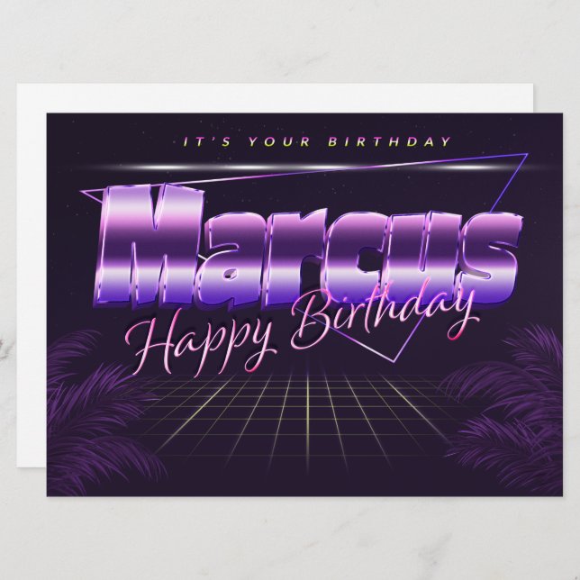 Marcus Name Vorname lila retro Karte Geburtstag (Vorne/Hinten)