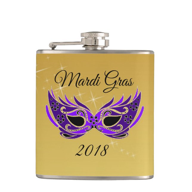 Mardi Gras 2018 Maske auf Gold Flachmann (Vorderseite)