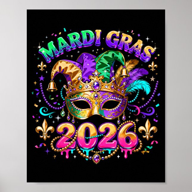 Mardi Gras 2026 Squad Karneval Maske Perlen Design Poster (Vorne)