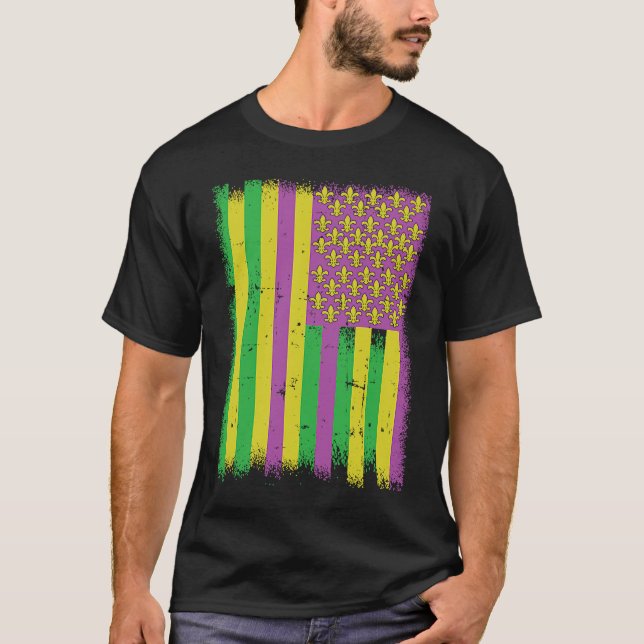 Mardi Gras American Flag Green Yellow Lila T-Shirt (Vorderseite)