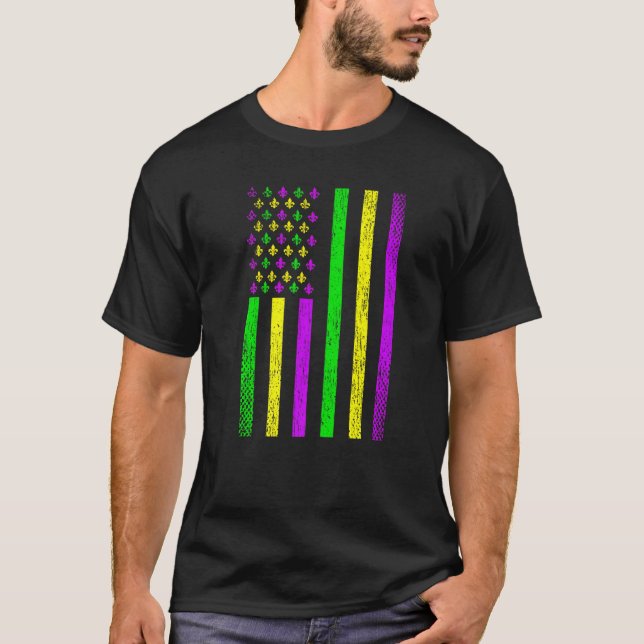 Mardi Gras American Flag USA Distressed Fleur De L T-Shirt (Vorderseite)