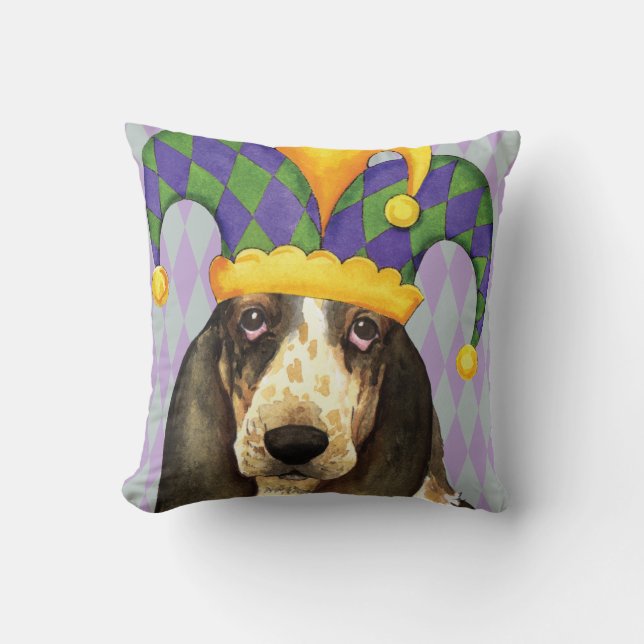 Mardi Gras Basset Hound Kissen (Vorderseite)