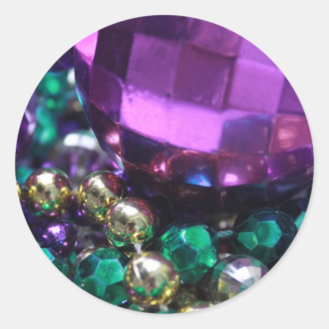 Mardi Gras Bead Throws Lila, benutzerdefinierter R Runder Aufkleber (Vorderseite)