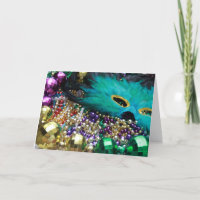 Mardi Gras Beads & Green Fether Mask Card