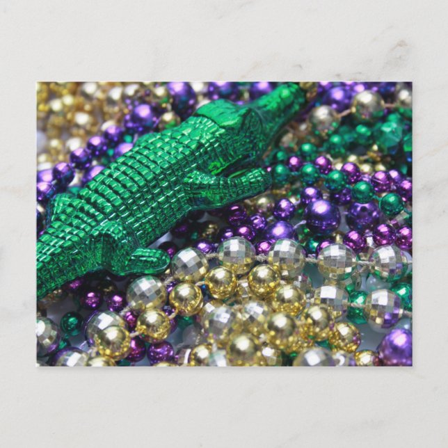 Mardi Gras Beads & Green Gator Postcard Postkarte (Vorderseite)