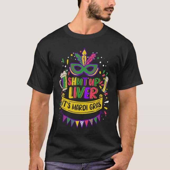 Mardi Gras Beer stopft Lebermaske und Beads trinke T-Shirt (Vorderseite)
