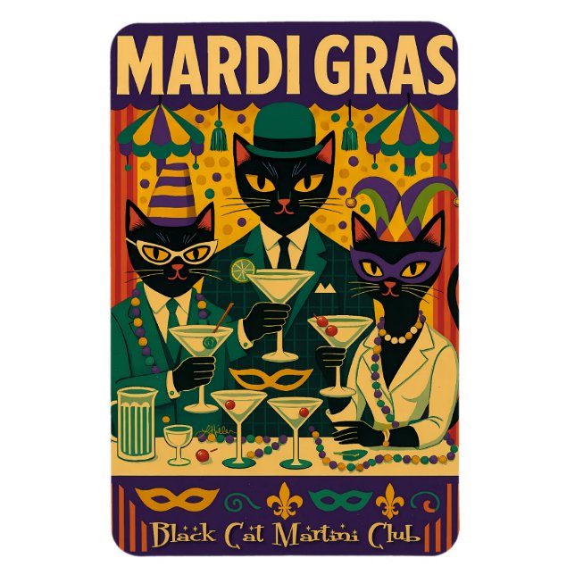 Mardi Gras Black Cat Martini Club Trio Magnet (Vertikal)