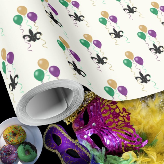 Mardi Gras Black FleurDeLis mit Balloons auf Elfen Geschenkpapier (Mardi Gras Black FleurDeLis with Balloons on Ivory Wrapping Paper by Leapfroglisics Shop)