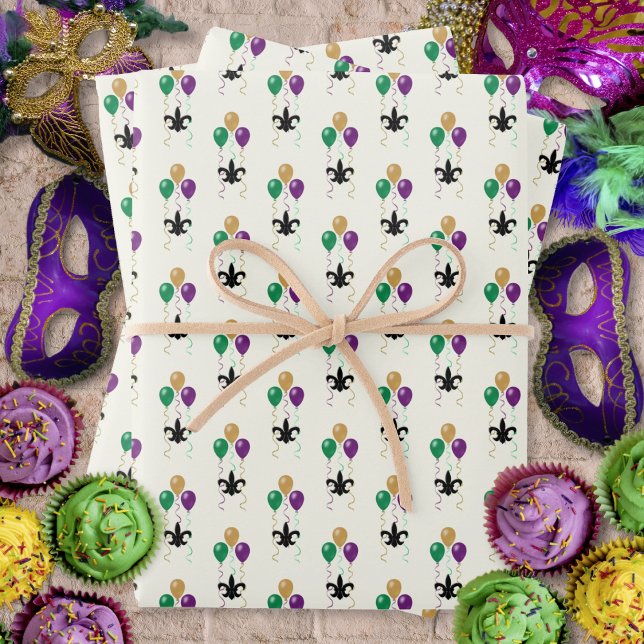 Mardi Gras Black FleurDeLis mit Balloons auf Elfen Geschenkpapier Set (Mardi Gras Black FleurDeLis with Balloons on Ivory Wrapping Paper Sheets by Leapfroglisics Shop)