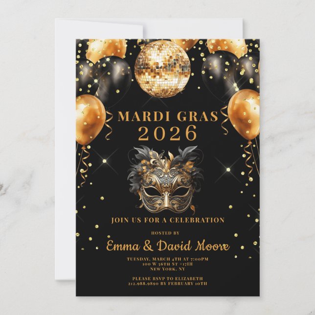 Mardi Gras Black Gold Glitter Masquerade Party Einladung (Vorderseite)