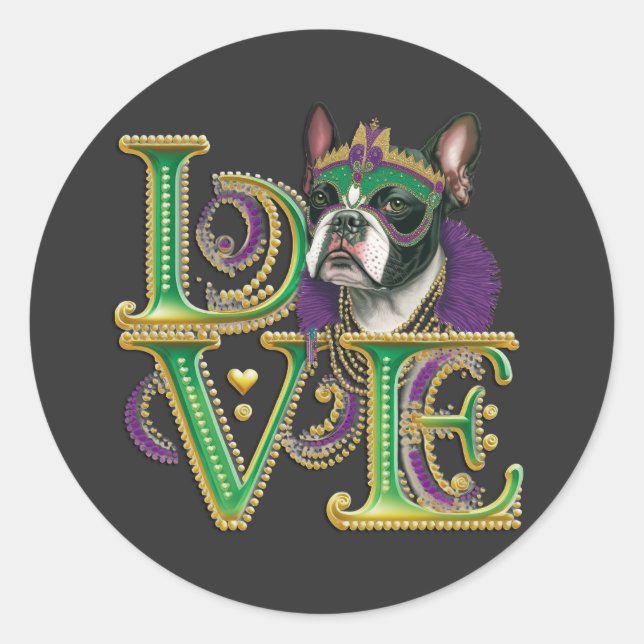 Mardi Gras Boston Terrier Word LIEBE Masquerade Runder Aufkleber (Vorderseite)