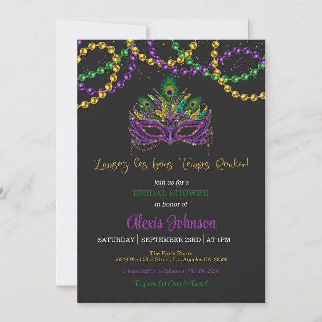 Mardi Gras Bridal Dusche Einladung - Perlen (Vorderseite)