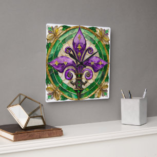 Mardi Gras Buntglas Fleur de lis Quadratische Wanduhr