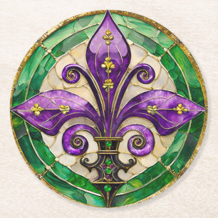 Mardi Gras Buntglas Fleur de lis Runder Pappuntersetzer