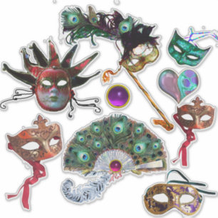 MARDI GRAS CARNIVAL MASKS, PEACOCK FEATHERS FAN AUFKLEBER
