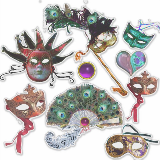 MARDI GRAS CARNIVAL MASKS, PEACOCK FEATHERS FAN AUFKLEBER (Vorderseite)