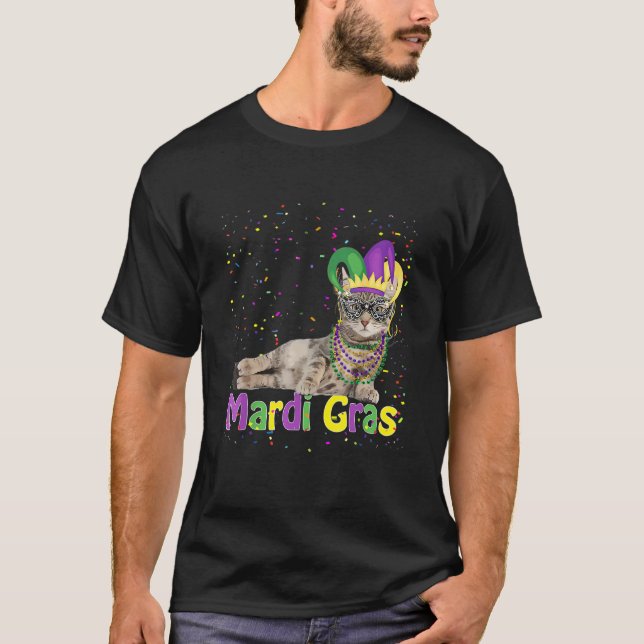 Mardi Gras Cat Mardi Gras Bead Jester Hat Cat T-Shirt (Vorderseite)