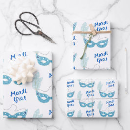 Mardi Gras Celebration Blue Masks Feathers Geschenkpapier Set
