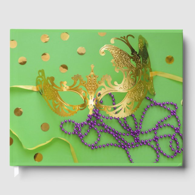 Mardi Gras Celebration Gold Maske Lila Perlen Gästebuch (Vorderseite)