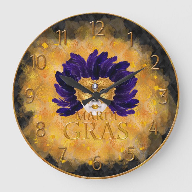 Mardi Gras Clock, Blue Feather Mardi Gras Mask Große Wanduhr (Vorderseite)