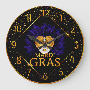 Mardi Gras Clock, Blue Feather Mardi Gras Mask Große Wanduhr