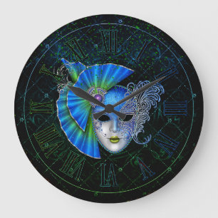 Mardi Gras Clock, Blue Green Mardi Gras Mask Große Wanduhr
