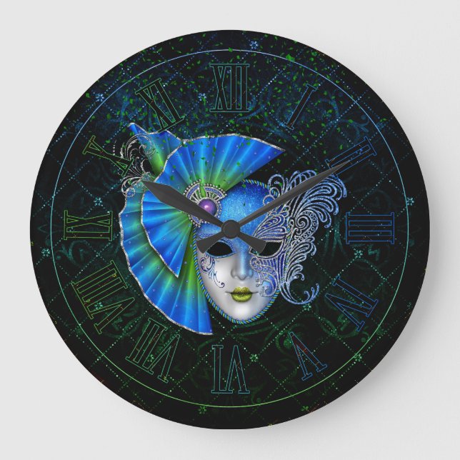Mardi Gras Clock, Blue Green Mardi Gras Mask Große Wanduhr (Vorderseite)