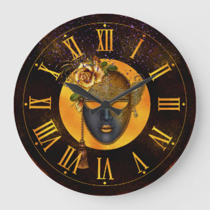 Mardi Gras Clock, Blue Mask Golden Rose Große Wanduhr