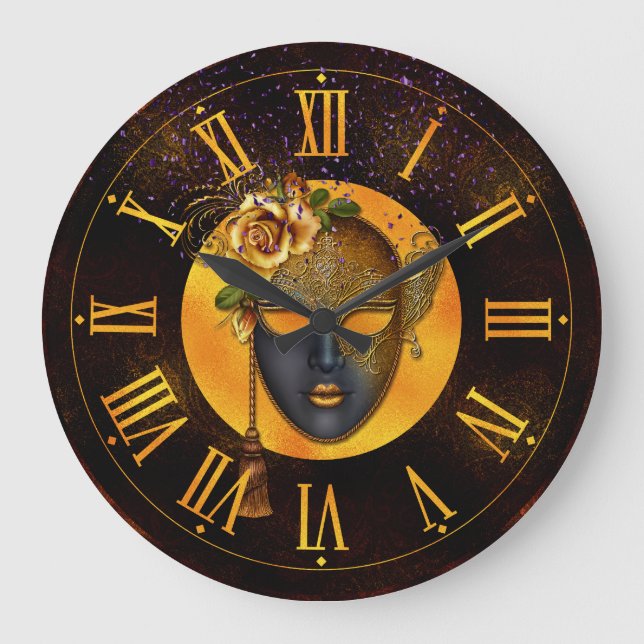 Mardi Gras Clock, Blue Mask Golden Rose Große Wanduhr (Vorderseite)