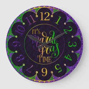 Mardi Gras Clock, farbenfroh ist Mardi Gras Time Große Wanduhr